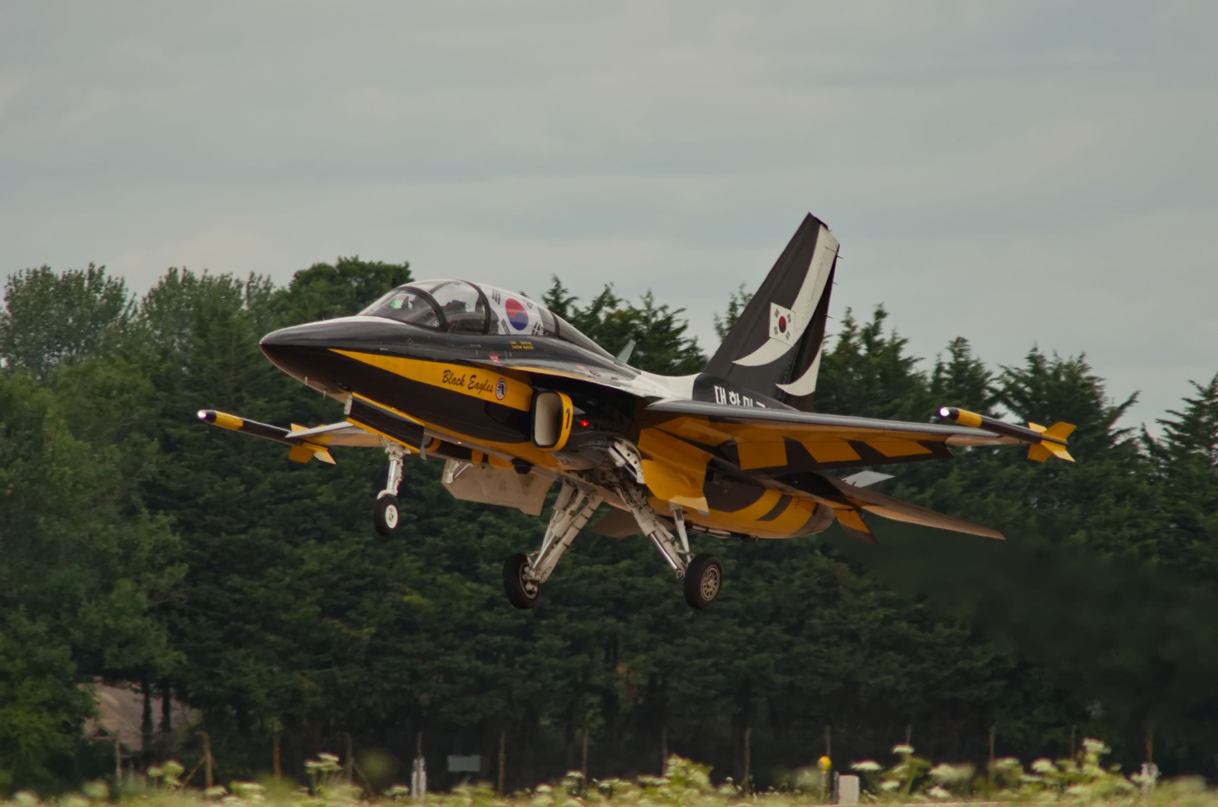 A Black Eagles (South Korean display team) Hawk T2 landing at RAF Fairford during RIAT 2022.