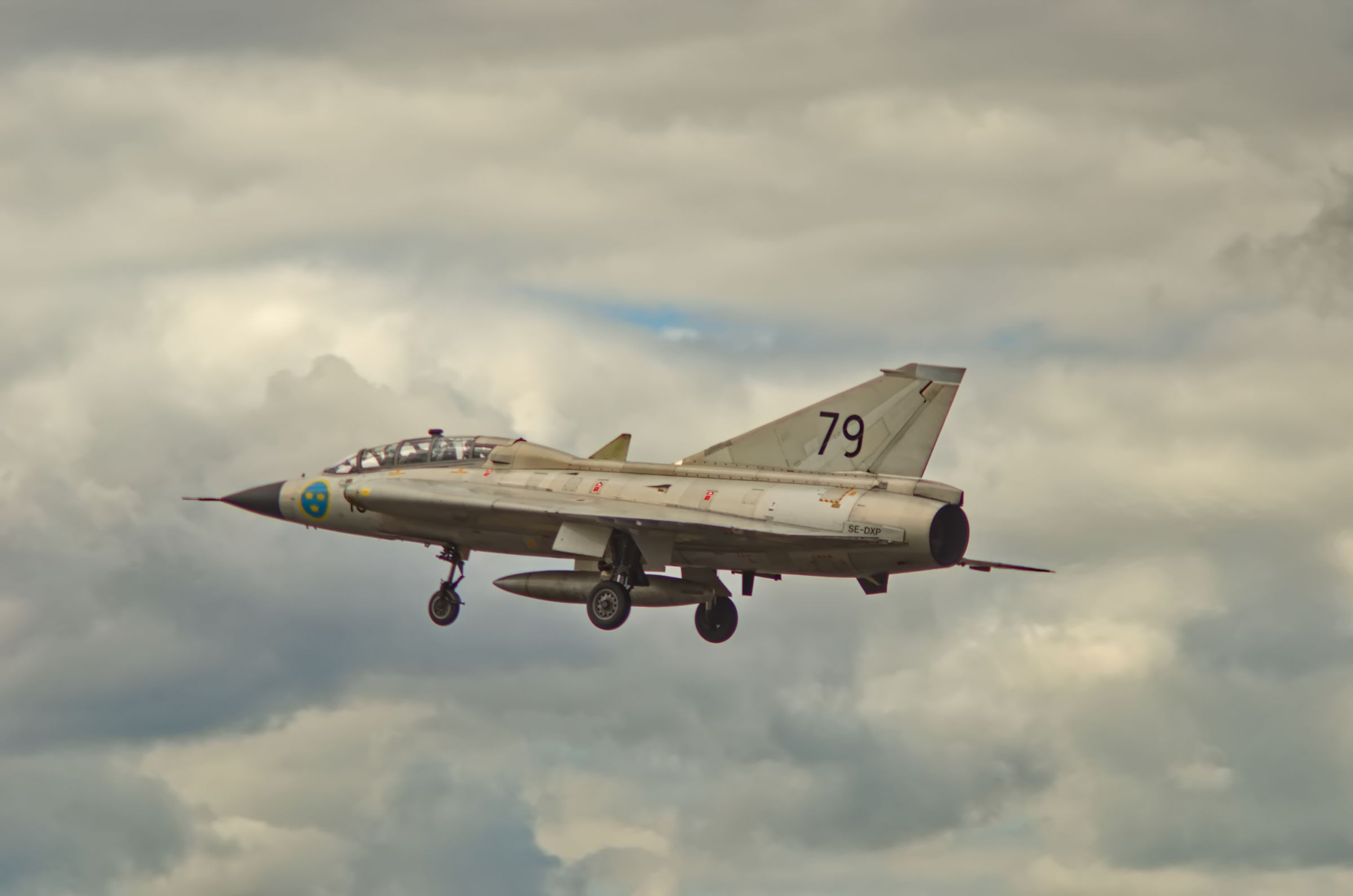 A Swedish Air Force Historic Flight Saab Sk35C Draken taking off at RAF Fairford during RIAT 2022.