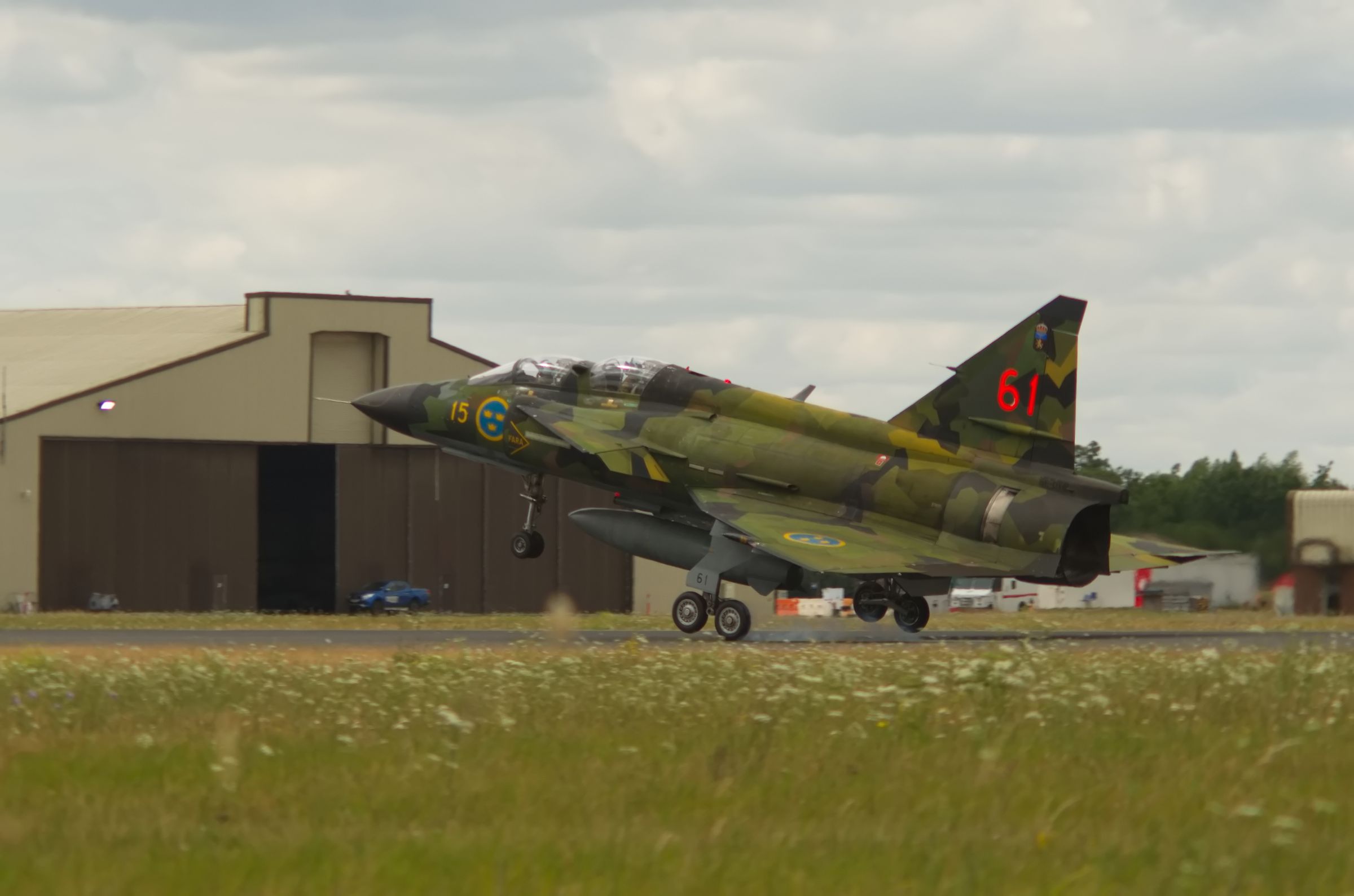 A Swedish Air Force Historic Flight Saab Sk37E Viggen taking off at RAF Fairford during RIAT 2022.